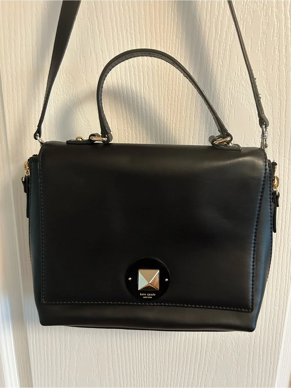 kate spade Black Leather Structured Satchel with Top Handle and Shoulder Strap